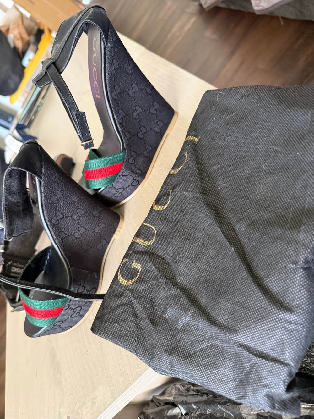 Gucci Black Monogram Wedge Sandals with Green-Red Web